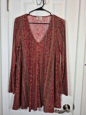 Show Me Your Mumu Paisley Long Sleeve V-Neck Tunic Dress Red Brown Boho S